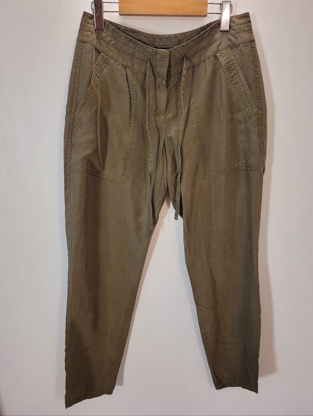 Theory Women Pants Straight Leg Olive Green 100% Silk - Size 8